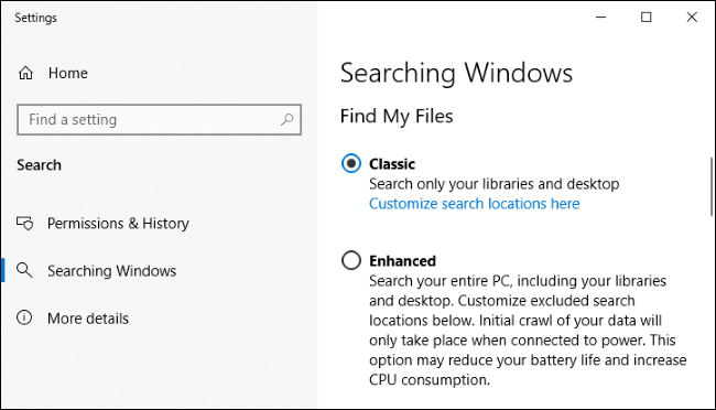 Windows 10's indexing settings.
