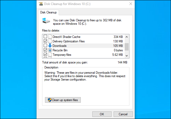 Disk Cleanup showing the Downloads folder on Windows 10's November 2019 Update.