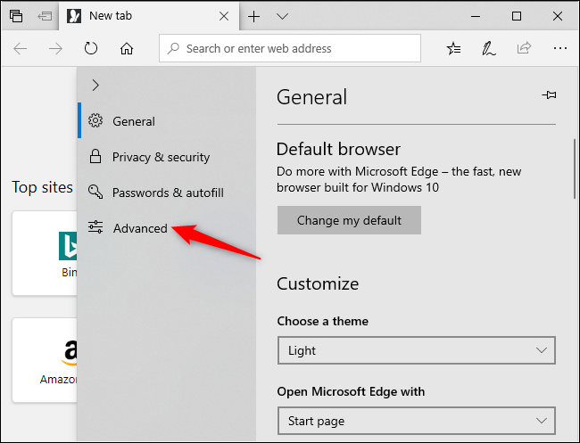Opening Microsoft Edge's advanced options.