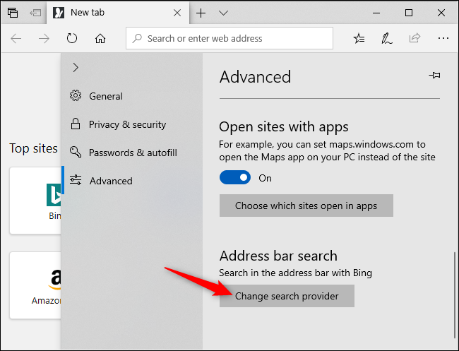 Changing the default search engine in Microsoft Edge.