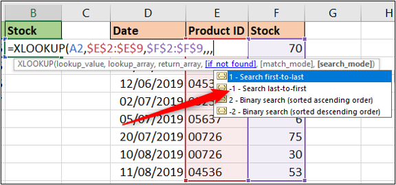 Search mode options with XLOOKUP