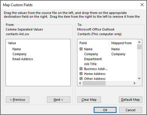 Mapping fields when importing contacts