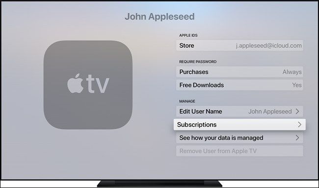 Apple TV Manage Subscriptions Menu