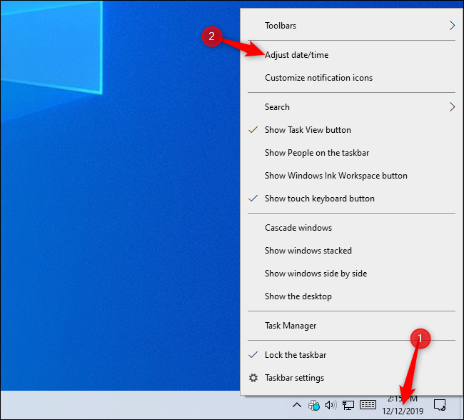 Opening time settings from Windows 10's taskbar.