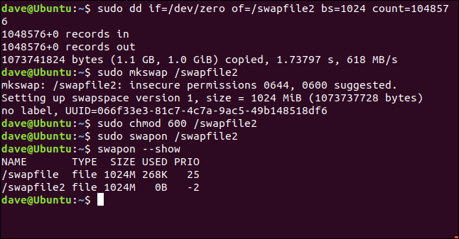 sudo dd if=/dev/zero /of=/swapfile2 bs=1024 count=104857 in a terminal window