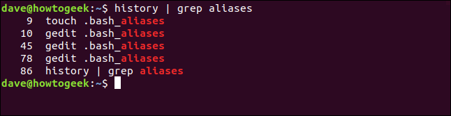history | grep aliases in a terminal window