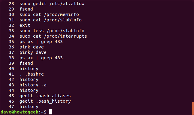 Output from history in a terminal window