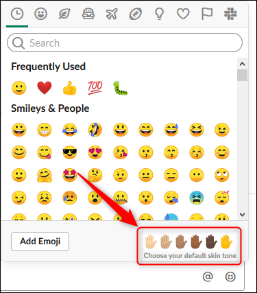 The emoji panel with the choice of skin tones highlighted