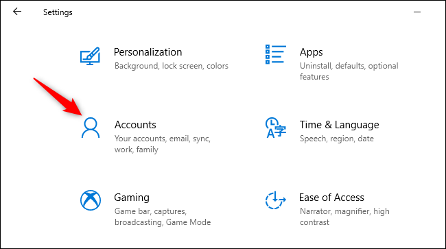 Opening Accounts in Windows 10's Settings app.