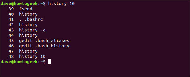 history 10 in a terminal window