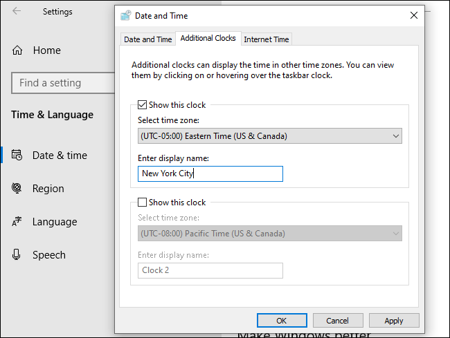 Configuring an additional clock in the Date and Time window.