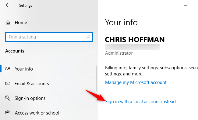 Converting a Microsoft account to a local account on Windows 10.