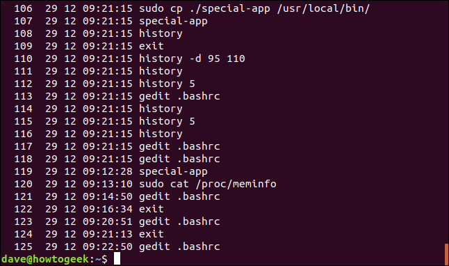 history list with timestamps in a terminal window