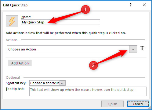 The Quick Steps editor, with the &quot;Name&quot; and &quot;Actions&quot; fields highlighted.