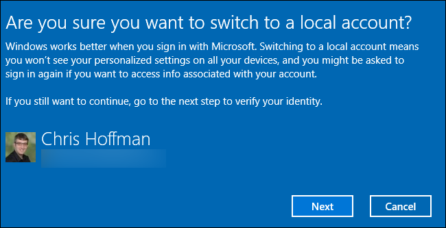 Confirmation of a local user account switch.