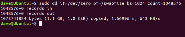 output from sudo dd if=/dev/zero of=/swapfile bs=1024 count=1048576 in a terminal window