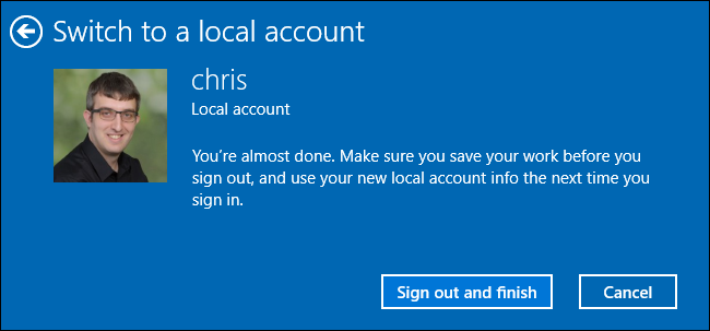 Signing out to convert a Microsoft account into a local account on Windows 10.