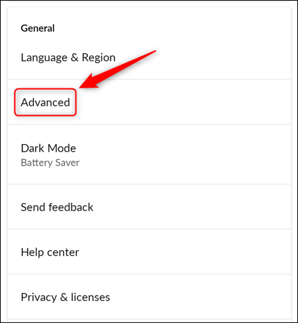 The Settings menu with the Advanced option highlighted