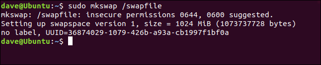 sudo mkswap /swapfile in a terminal window