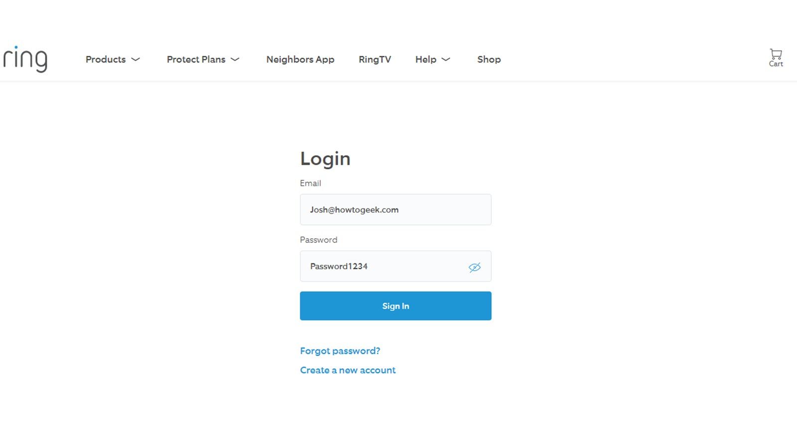 A Ring Login Page showing a username and Password1234 entered into the password field.