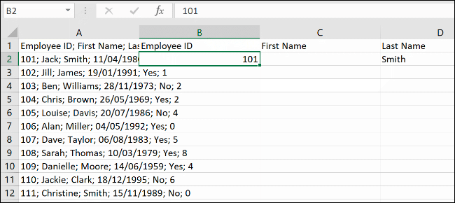 Data in Microsoft Excel, ready for the Flash Fill feature