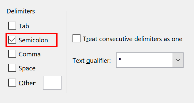 Text to Column Delimiter options in Microsoft Excel, with semi-colon seleted