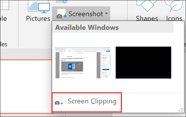 Click Insert > Screenshot > Screen Clipping to take a partial screenshot and paste it into your PowerPoint presentation