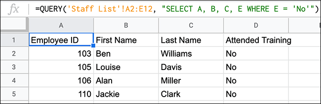 A QUERY function used in Google Sheets to provide a list of employees