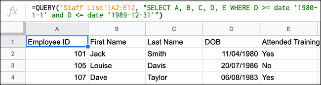 The QUERY function in Google Sheets showing a QUERY function using comparison operators to look for values between two dates