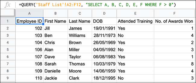 A QUERY function in Google Sheets, using a greater than comparison operator.