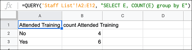 A formula in Google Sheets, using a QUERY function combined with a COUNT to count the number of mentions of a certain value in a column