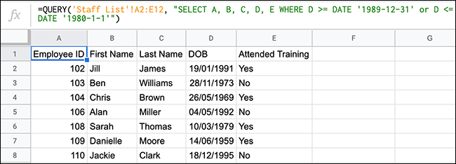 The QUERY function in Google Sheets, with two search criteria using OR excluding a set of dates