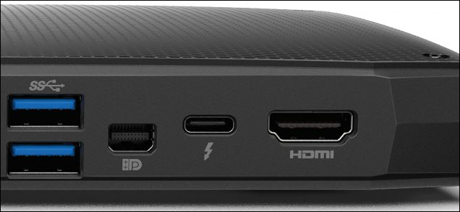 A close-up shot of laptop ports including (from left) HDMI, Thunderbolt 3, DisplayPort, and dual USB ports.