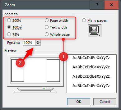 Zoom options in the zoom dialogue box