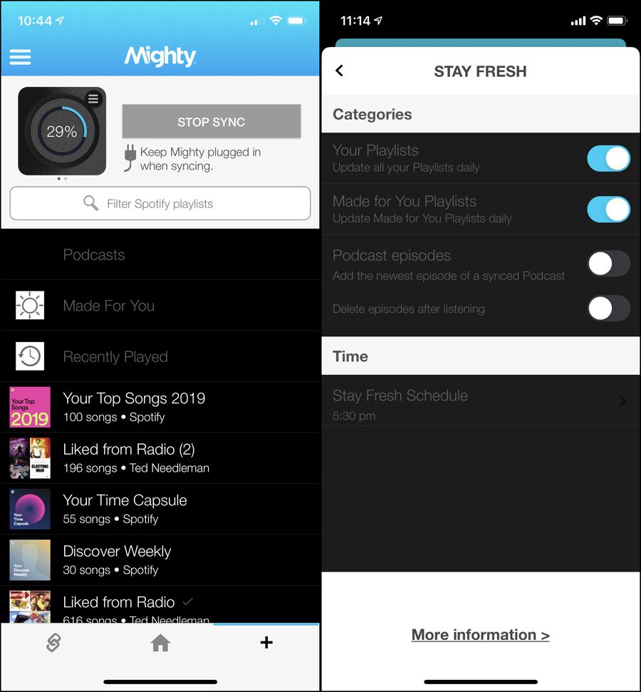 The syncing and &quot;Stay Fresh&quot; menus in the Mighty app on a smartphone.