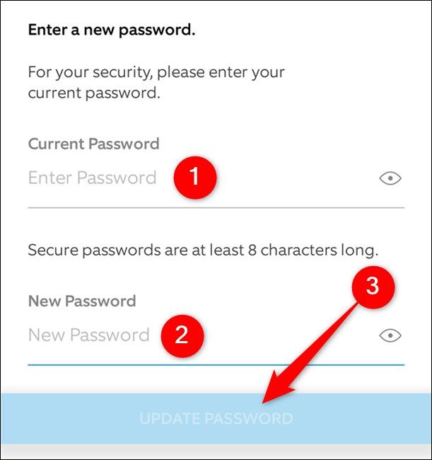 Ring Mobile App Enter Current and New Password. Tap Update Password Button