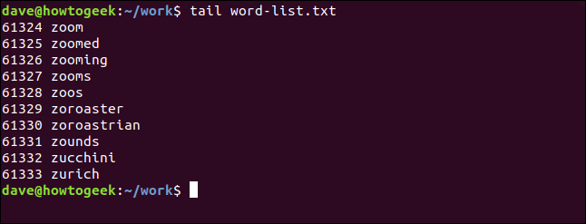 tail word-list.txt in a terminal window