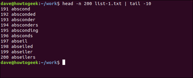 head -n 200 list-1.txt | tail -10 in a terminal window