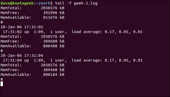 Output from tail -f geek-1.log in a terminal window