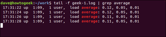 tail -f geek-1.log | grep average in a terminal window