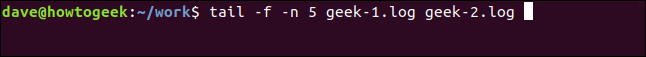 tail -f -n 5 geek-1.log geek-2.log in a terminal window