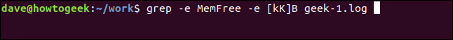 grep -e MemFree -e [kK]B geek-1.log in a terminal window