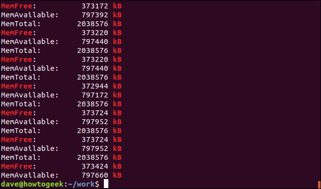 Output from grep -e MemFree -e [kK]B geek-1.log in a terminal window