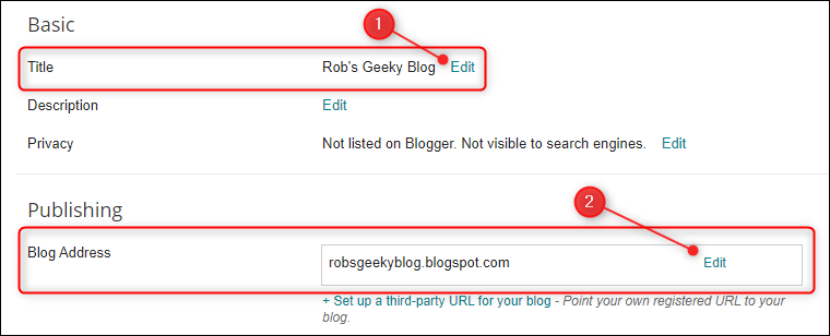 The Settings, with Title and Blog Address highlighted.