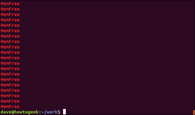 output from grep -o MemFree geek-1.log in a terminal window