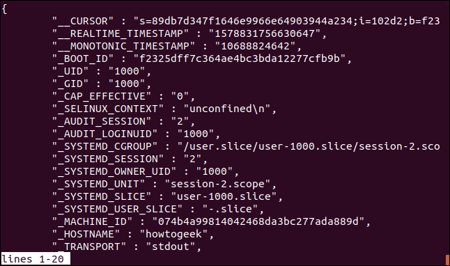 output from sudo journalctl -n 10 -o json-pretty in a terminal window