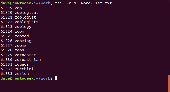 tail -n 15 word-list.txt in a terminal window