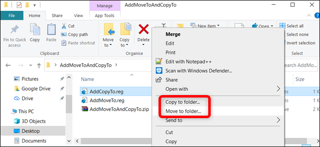 The &quot;Move to&quot; and &quot;Copy to&quot; options in the Windows Context menu.