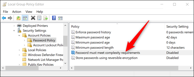 Double-click &quot;Password must meet complexity requirements&quot; to increase the security of passwords.