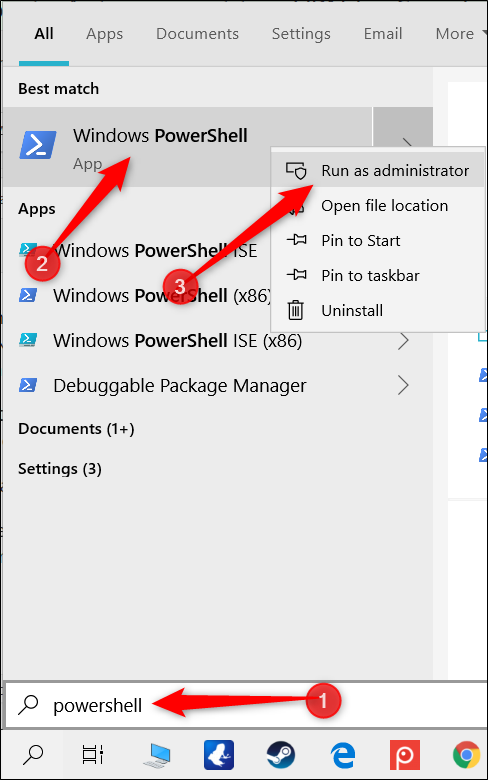 Type "PowerShell" in the search bar, right-click "Windows PowerShell," and then click "Run as Administrator."